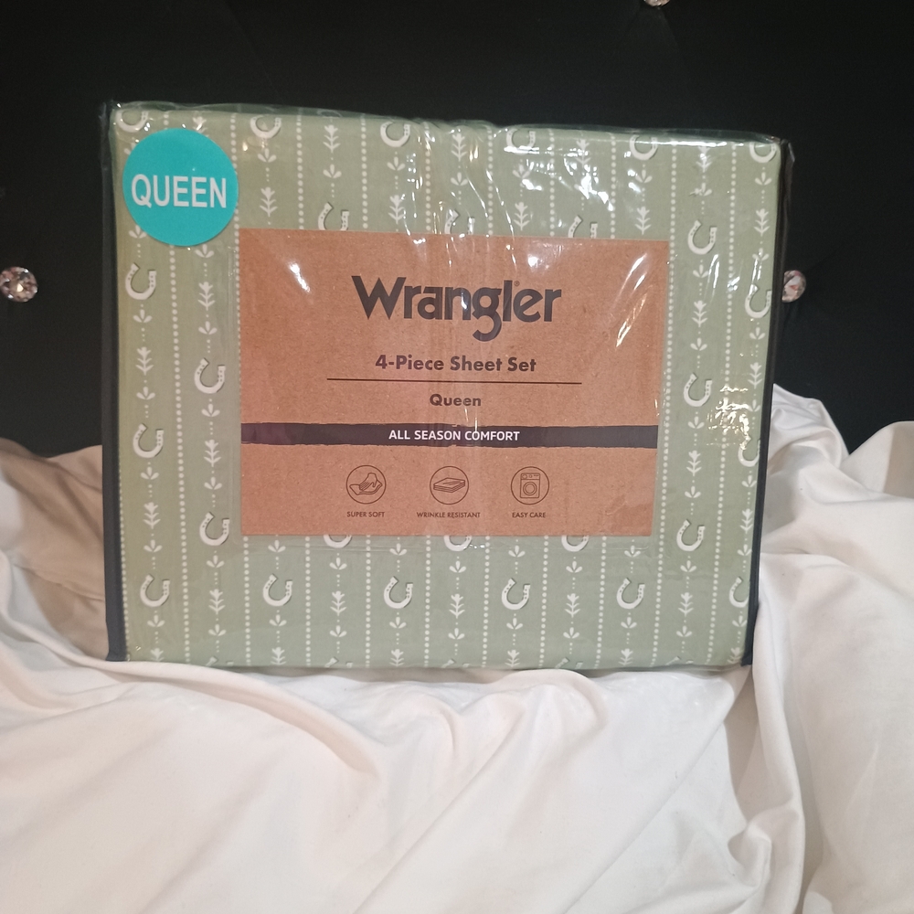 New Wrangler Green Horseshoe Western Print 4-Piece Sheet Set Size Queen